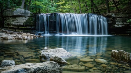 Naklejka premium A serene waterfall flowing gently over smooth rocks into a crystal-clear pond, reflecting the surrounding forest