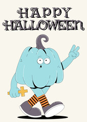 Groovy retro Happy Halloween poster. Funky walking character pumpkin with spooky and skary face in trendy vintage style. Horror and fear vector illustration