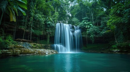 Fototapeta premium A serene waterfall flowing into a tranquil pool, surrounded by dense greenery and tall trees
