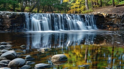 Fototapeta premium A serene waterfall flowing over smooth rocks into a clear pond, with forest foliage reflected in the water