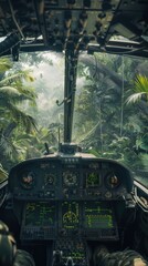 A close-up of an Attack Helicopters AH-64 Apaches cockpit amidst a jungle operation The pilots face is tense with concentration