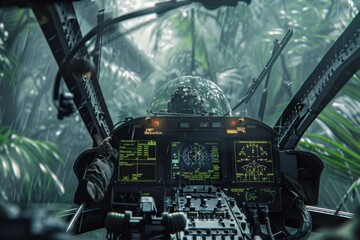 A close-up of an Attack Helicopters AH-64 Apaches cockpit amidst a jungle operation The pilots face is tense with concentration