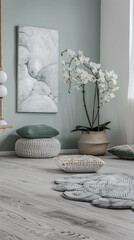 Minimalist relaxing interiors with zen arrangements and window lighting. Realty zen concept image for advertising.