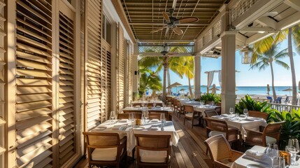 Fototapeta premium beachside restaurant with sandy beige Bahama shutters, perfect for seaside dining