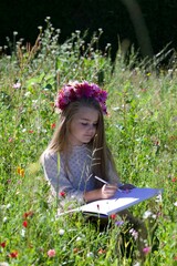 Girl, nine, summer, mirror, flowers, 