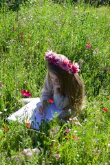 Girl, nine, summer, mirror, flowers, 