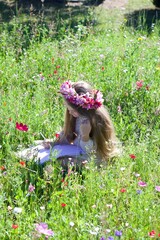 Girl, nine, summer, mirror, flowers, 