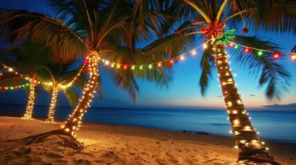 Beach Christmas background, tropical decorations, palm trees with lights, festive beach scene, [Christmas background], [beach holiday]