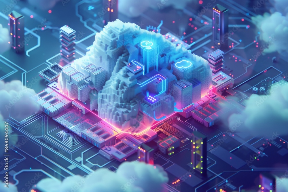 Aufkleber a fluffy pixel art cloud morphing into chunky servers and blocky network switches, illustrating clou