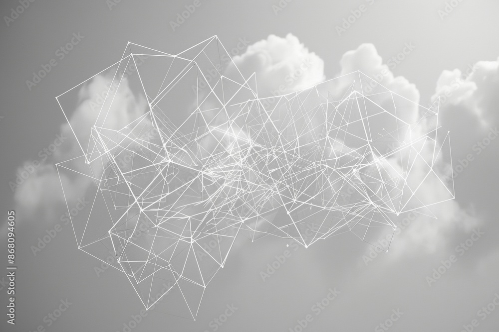 Poster a geometric cloud built from triangular wireframe elements, emphasizing its structured and modular n
