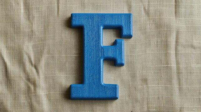 Blue plastic letter F on canvas background with blank space