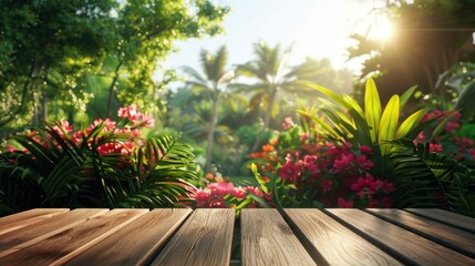 Obraz premium a wooden table colorful flower garden floor