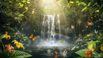 A serene waterfall in a dense forest, with sunlight filtering through the green leaves and a mist rising from the water, with vibrant flowers blooming all around, 