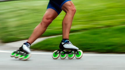 Skater man racing on inline skates on short outdoor high speed skating track. - Active and healthy...