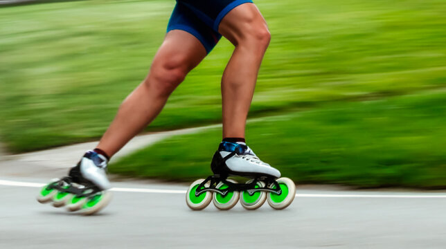 Skater man racing on inline skates on short outdoor high speed skating track. - Active and healthy lifestyle concept