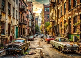 Obraz premium Grungy urban scene featuring a littered street with rusted cars parked along crumbling sidewalks, juxtaposed against a backdrop of worn, graffiti-covered buildings.