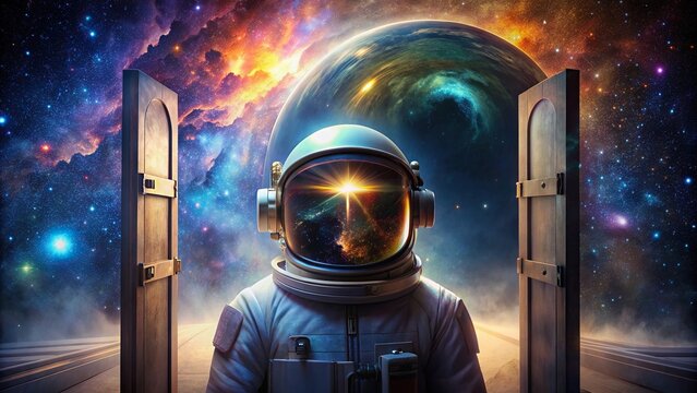 Vibrant spaceship door opens in darkness, revealing starry galaxy, as helmet-shaped airlock releases glowing mist, against a stunning celestial background.