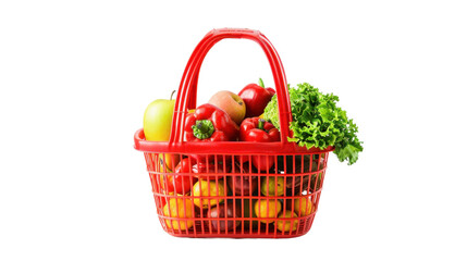 Supermarket shopping basket full of food and groceries on transparent background 