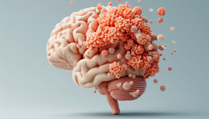 3D rendering of a human brain with tumor growth, depicting medical and health concepts of brain diseases and neurological conditions.