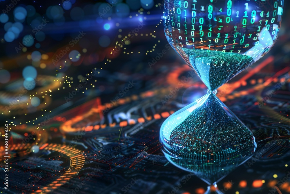 Poster a pixel art hourglass filled with swirling binary code instead of sand, emphasizing the urgency of t