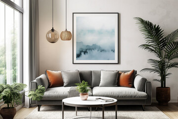 Frame mockup, ISO A paper size. Home Office wall poster mockup. Interior mockup with office background. Modern interior design.