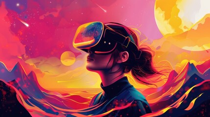 A woman excitedly wearing a VR headset explores the metaverse. Vector illustration.