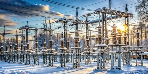 Snow-covered high voltage electrical substation in Ukraine, featuring intricate wiring, connections, and insulators, now shut down amidst Russian missile attacks on energy infrastructure during war.