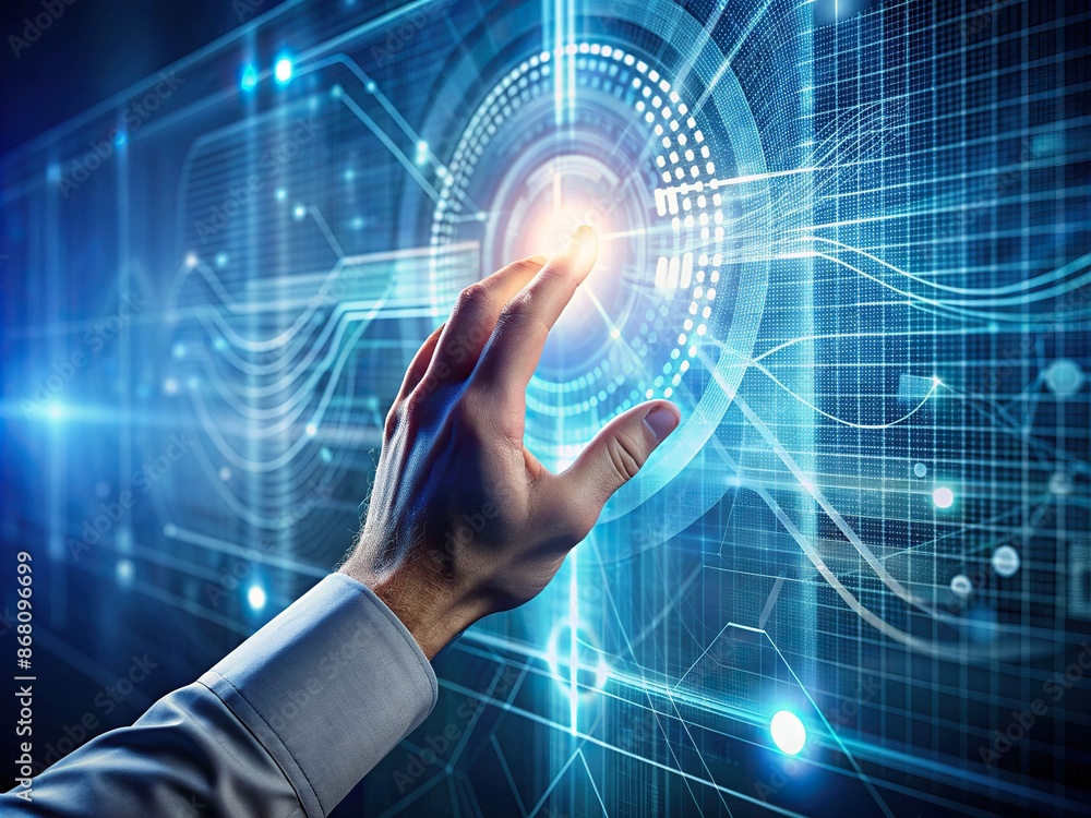 Poster A single finger extends from a futuristic digital screen, merging with its physical counterpart, symbolizing seamless integration of physical and digital realms in real-time simulation.