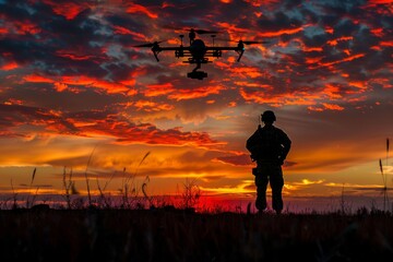 A small tactical drone hovering above a lone soldier silhouetted against a dramatic sunset