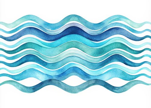 Watercolor wavy lines isolated on a white background. Sea waves clipart. Blue wave illustration for your design.