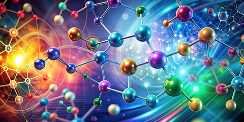 Illustrated scientific diagram featuring molecular structures, atoms, and chemical bonds in a stylized vector drawing with vibrant colors and abstract background patterns.