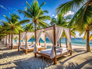 Luxurious white beach canopies with intricately designed wooden frames and crisp linens, nestled among palm trees at a serene tropical resort's pristine shore.