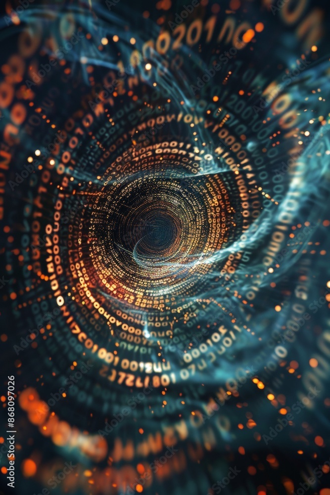 Poster a digital vortex with swirling glitches, fragments of code and data spiraling towards its corrupted 