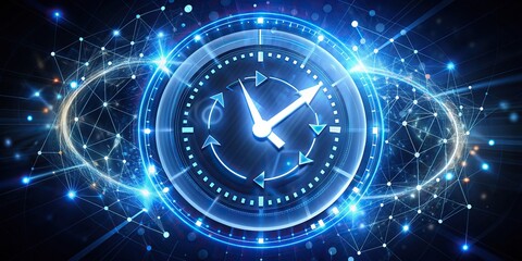 Stylized clock face with rotating hands and bright glowing lights, surrounded by circular arrows, symbolizing 24/7 availability and continuous service support.