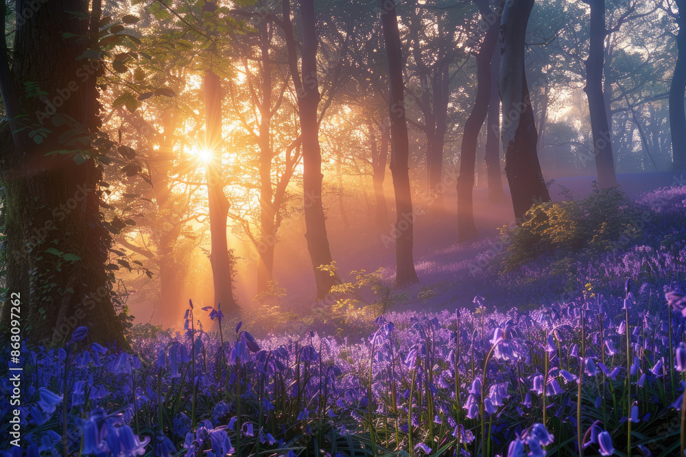 Wall mural A serene forest scene with tall trees and purple flowers, bathed in the soft glow of sunlight filtering through the leaves.