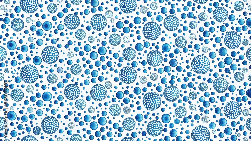 Poster repeating small blue circle elements create a mesmerizing seamless pattern on a white background, id