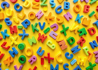 Fototapeta premium Vibrant colorful alphabet letters on a bright yellow background, creating a fun and engaging educational scene for preschool or kindergarten learning through play.