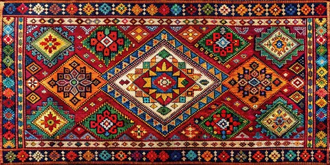 Vibrant ethnic tapestry featuring intricate folk ornaments on a colorful blanket, showcasing rich cultural heritage with detailed carpeting texture and mesmerizing patterns.