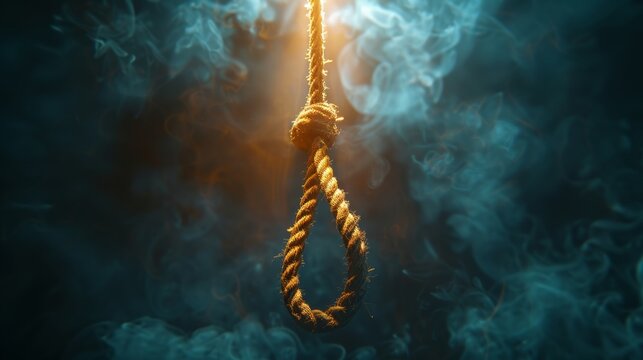 Rope noose hanging in smoky atmosphere, ominous lighting. Emotive and dark concept