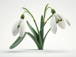 Fototapeta premium A cluster of delicate white snowdrop flowers with green leaves against a white background.