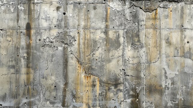 Weathered concrete wall with cracks and stains, showing signs of age and neglect.