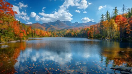 A serene lake reflects the vibrant fall foliage and the majestic mountains in the distance under a blue sky with white clouds.