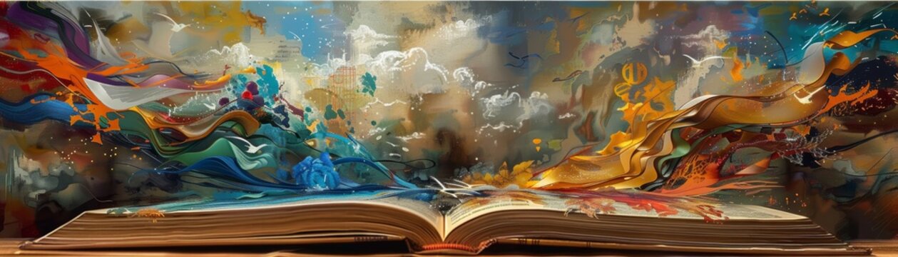An open book with vibrant, abstract imagery bursting out.