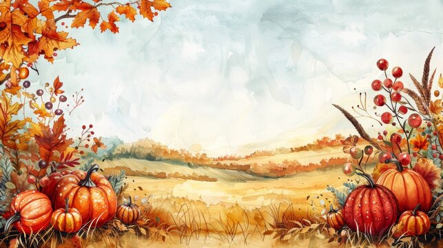 Watercolor autumn landscape with pumpkins, leaves, and berries. Perfect for fall-themed designs.