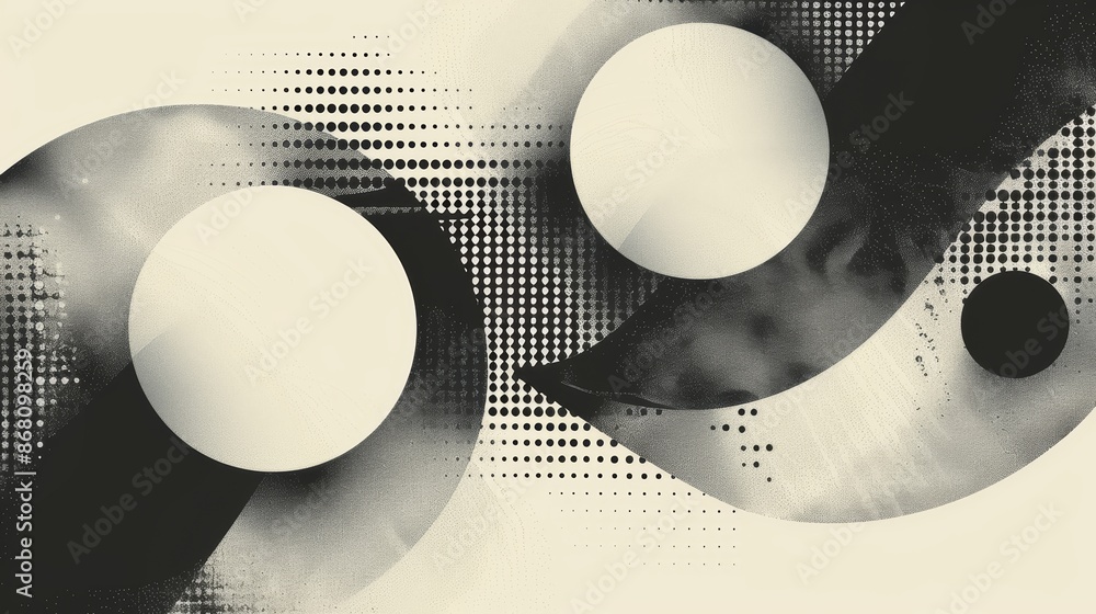 Poster Abstract geometric pattern with circles and dots in black and white on a light background.