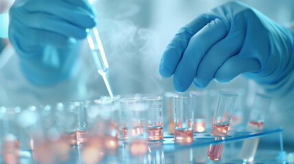 Scientist conducting experiment with pipette and test tubes in laboratory. Focus on hands and scientific equipment under blue light.