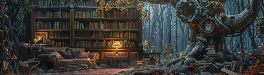 Fototapeta premium A mystical forest room with a bookshelf and glowing light.