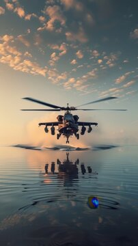 An Attack Helicopters AH-64 Apache hovering low over a calm ocean, dipping its sonar sensor into the water