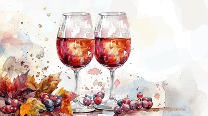 Two glasses of red wine with grapes and fall leaves, watercolor painting.