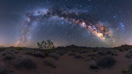 Fototapeta premium A mesmerizing view of the Milky Way arching over a desert landscape, with silhouetted trees and a starry sky.